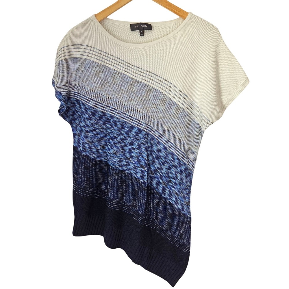 St John Womens Blue White Ombre Asymmetrical Hem Short Sleeve Knit Top Medium